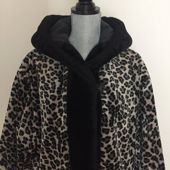Faux Fur Cheetah Leopard Reversible Swing Car Coat sz L - Picture 2 of 8